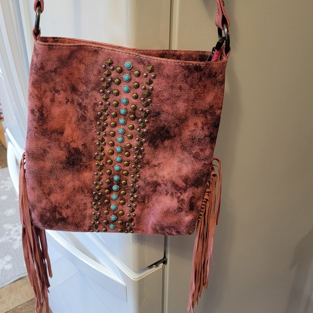 NWT Montana West Concealed Carry Pink Crossbody Turquoise, studs, Frindge - Picture 2 of 16